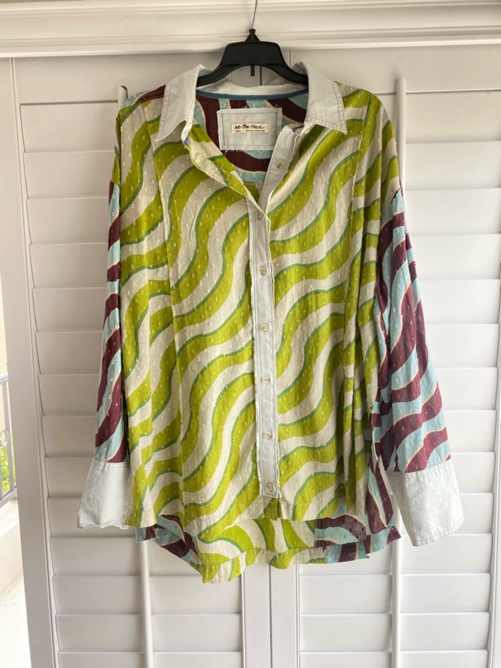 We The Free Multicolor Wavy Stripe Button-Up - Teal, Green, Brown, Textured Dots - Picture 3 of 7